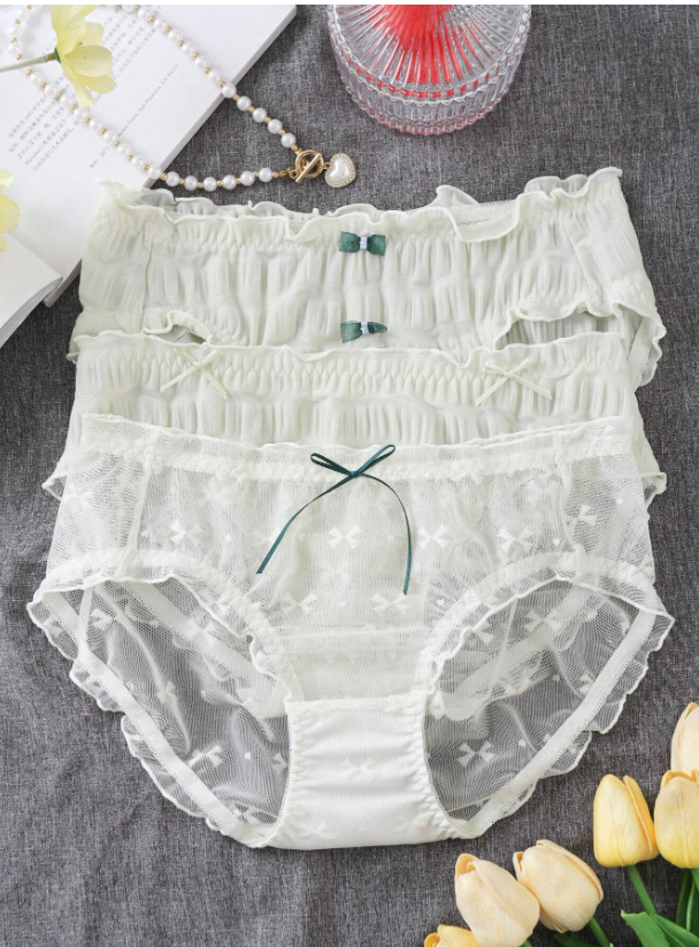 3pc Set Panties With Lacy Ruffle Trim Light Pastel Green size XL